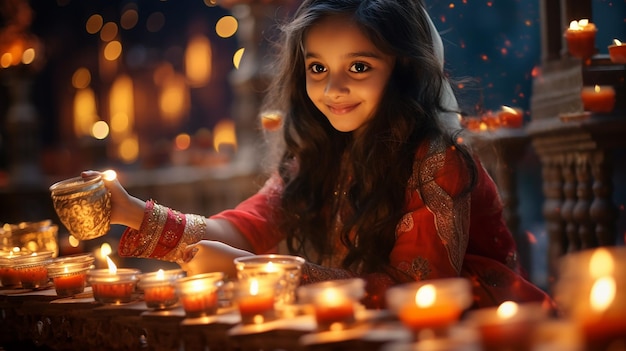 Little indian girl lighting a candle in the night at home during diwali festival