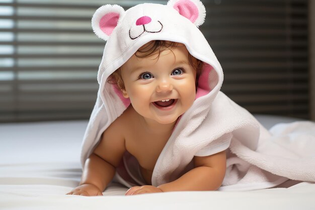 Little infant baby in a bath towel crawling on a bed