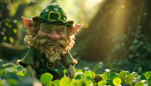 Foto piccolo leprechaun irlandese nei cespugli di trifoglio verde