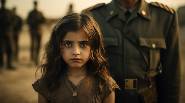 A little Israeli girllooks into the camera while her father in military uniform stands behind her