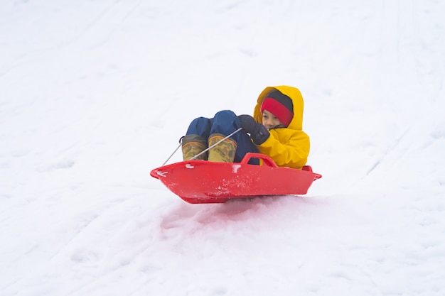 Little Japanese girl is sliding down the snow sled in Gala Yuzawa Ski resort