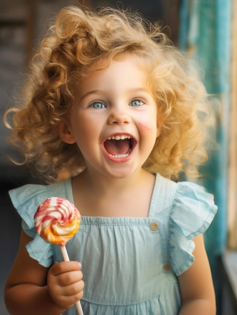 A little joyful girl in a blue dress with curly hair holds a round multicolored lollipop Generated AI