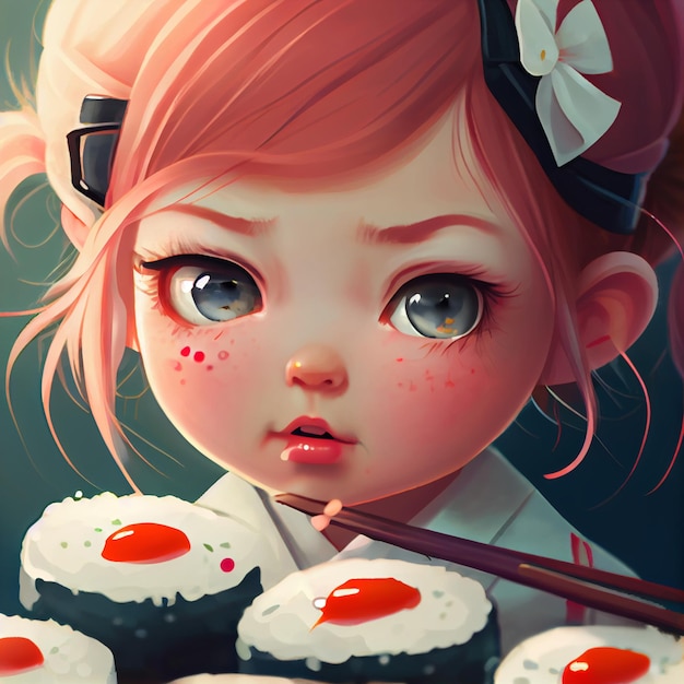 Little kawaii girl eating sushi anime manga cartoon style