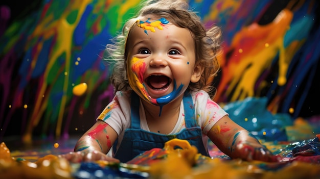 Little kid covered in paint