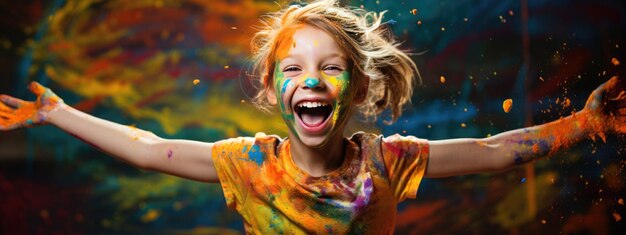 Photo little kid covered in paint