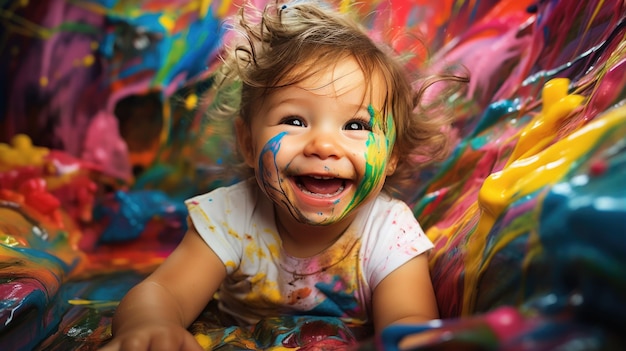 Photo little kid covered in paint