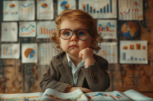 A little kid dressed in a business suit and wearing glasses is planning their finances