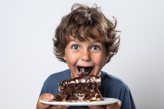 Photo little kid eating a cake concept