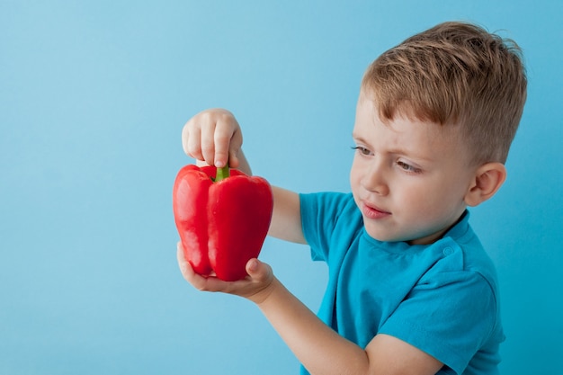 Little kid holding pepper in his hands on blue background. Vegan and healthy concept