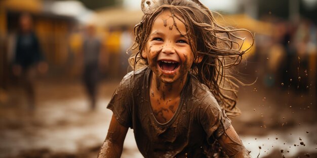 Photo little kid playing on the mud and having fun