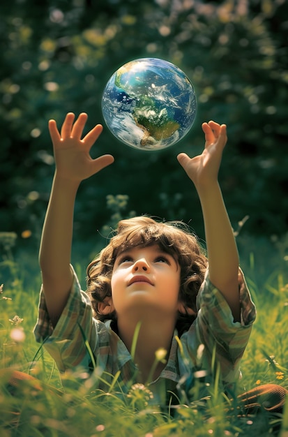Маленький ребенок играет с земным глобусом и празднует День Земли