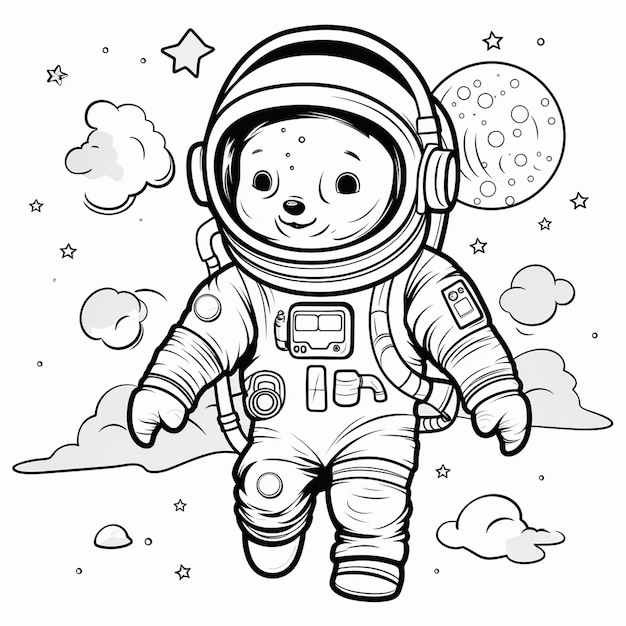 little kid in space coloring page in the style of cheerful colors