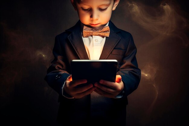 Little kid on suit watching a tablet