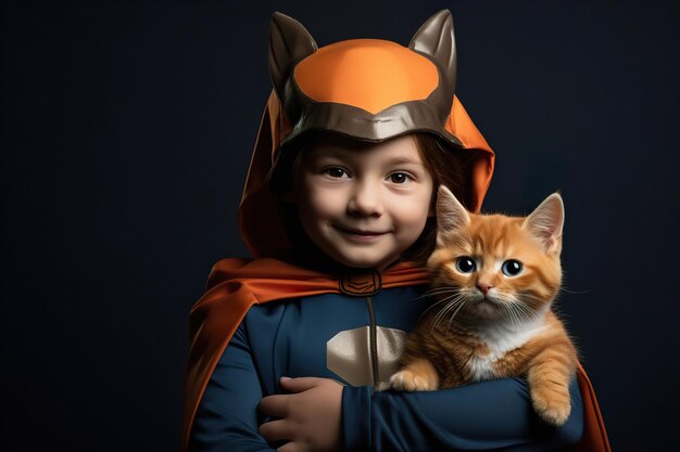 A little kid in superhero costume holding his catpartner on dark blue background