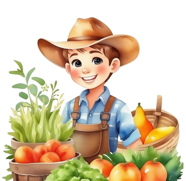 Photo little kid wearing farmer costume with fresh fruits