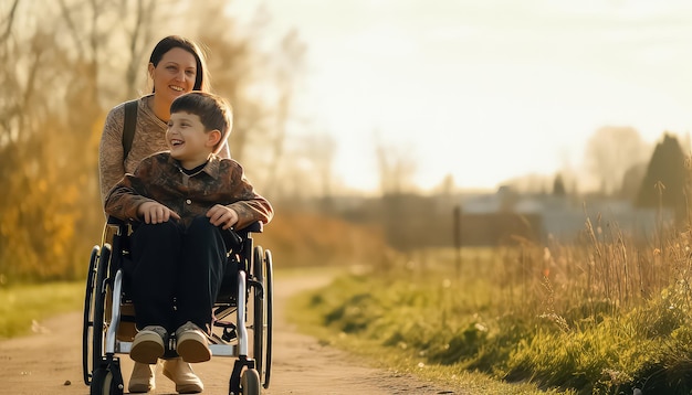 Little kid in wheelchair walking with mom in park