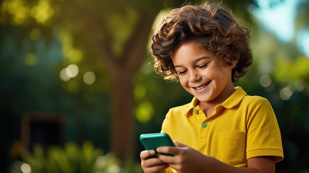 Little kid with a cell phone on a nature background