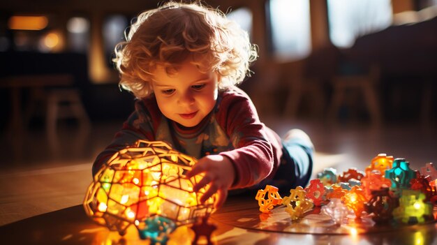 Фото Маленький ребенок с синдромом дауна играет с красочными блоками