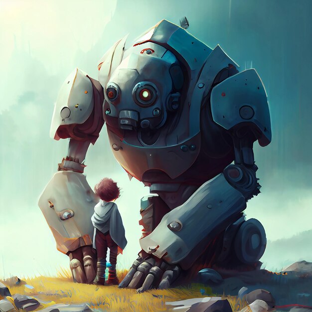 A little kid with a giant robot digital illustration