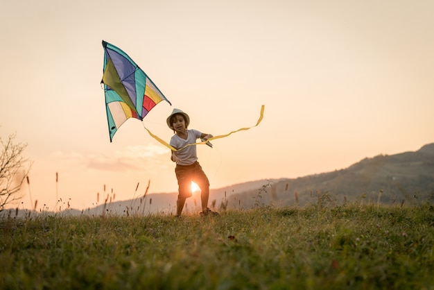 Little kid with kite on meadow