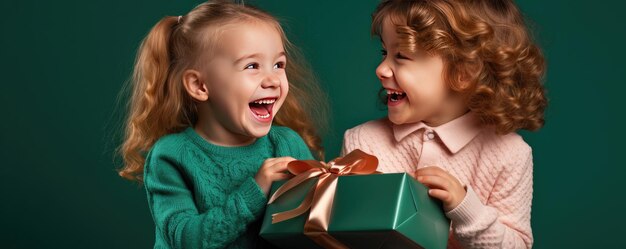 A little kids is unwrapping a gift and laughs on background Banner copy space Generative ai