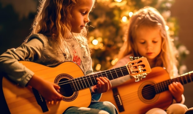 Little kids learning to play guitar in music class