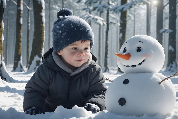 Little Kids Playing in the snow forest with snowman