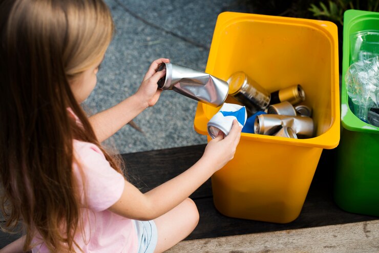 Photo little kids separating recycle can to trash bin