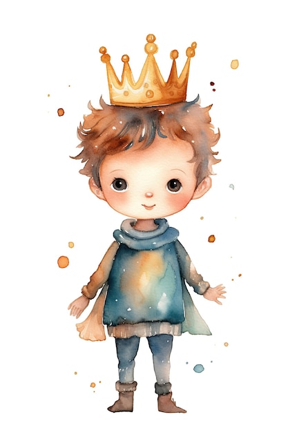 Little king watercolor clipart cute isolated on white background with Generative AI