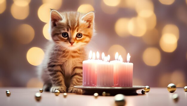 Photo little kitten on a birthday cake