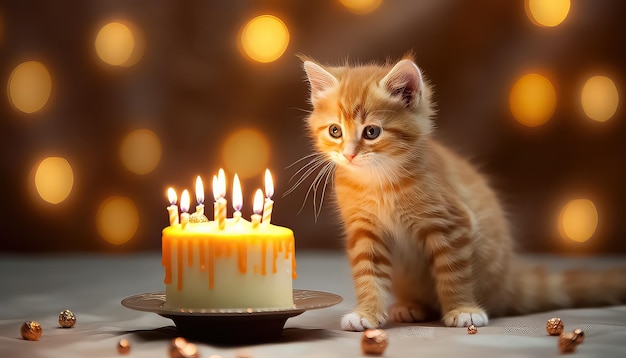 little kitten on a birthday cake