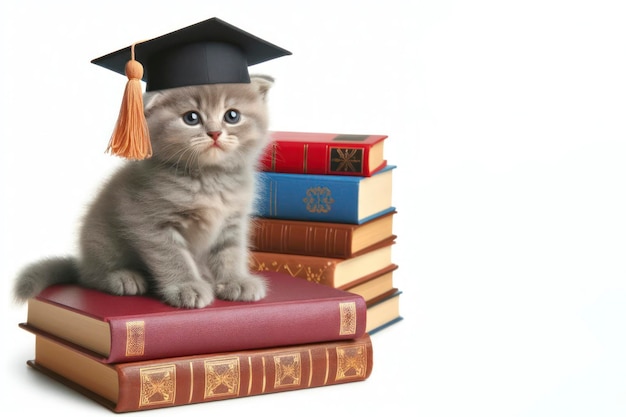 졸업 모자를 입은 작은 새끼 고양이가  바탕에 고립된 책에 앉아 있습니다.