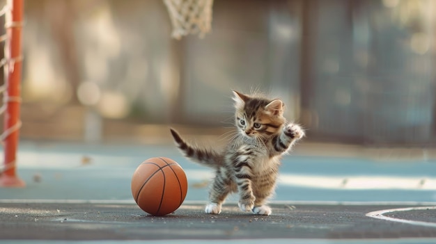 Photo little kitten play with ball