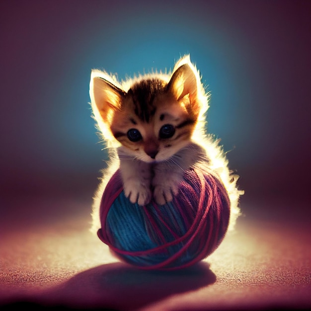 Little kitten playing with ball of yarn 3d rendering