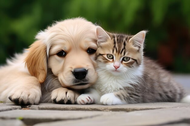 Photo little kitten and puppy ai generative