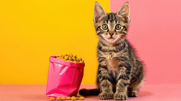 Photo little kitten sits on colored background next to cat food