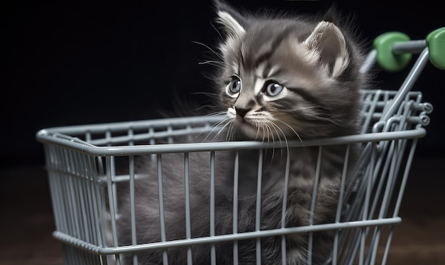 Little kitten sits in a shopping cart