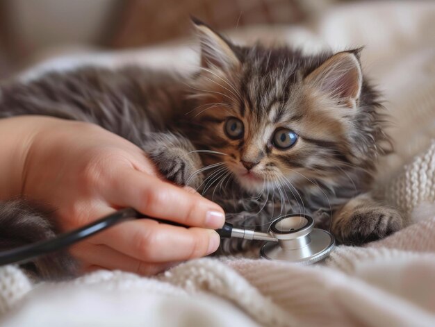 Photo little kitten at the vet getting a checkup