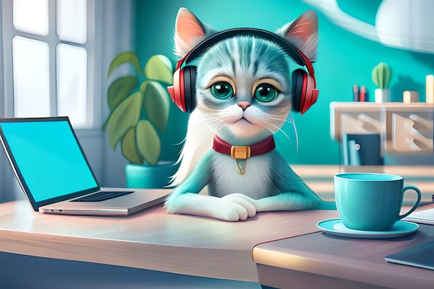 Photo little kitty listen to the music