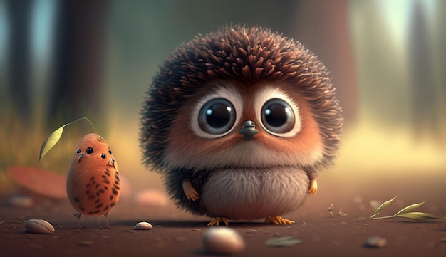 A little kiwi with a brown ball and a brown owl on the ground.