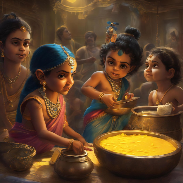 Photo little krishna eating makhan with friends krishna eating white food with gopies and friends