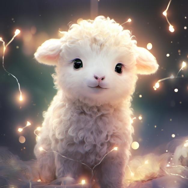 Photo little lacute baby sheep on a background of christmas lights garlandsmb sitting in field of flowers