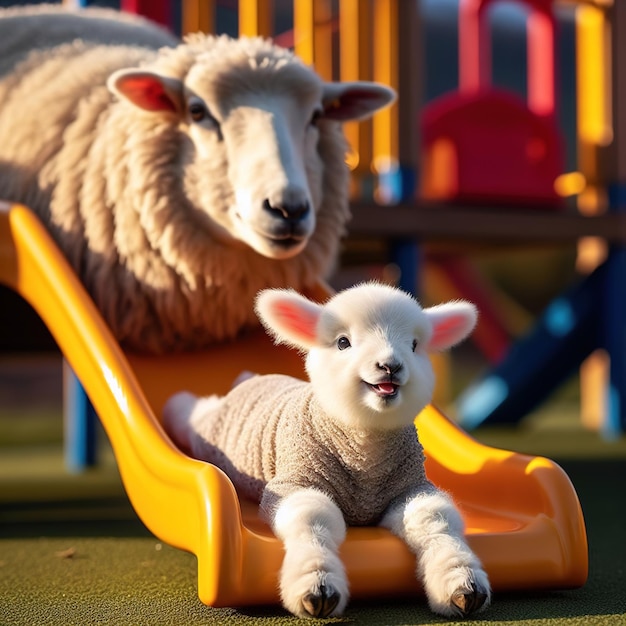 Photo the little lamb slides down a hill in the presence of its mom at the amusement park