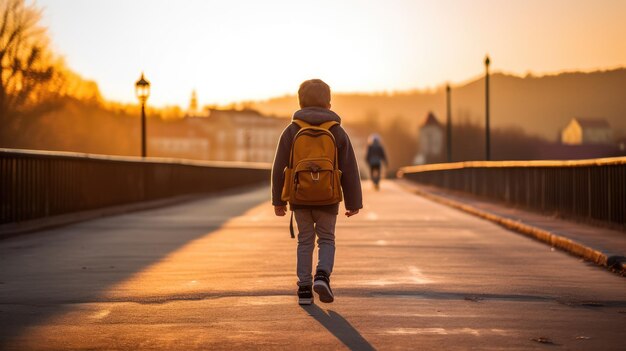 小さなラテン語の少年が学校を出て学校に戻っている