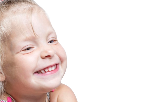 Little laughing girl Positivity and emotions Isolated on white background Space for text