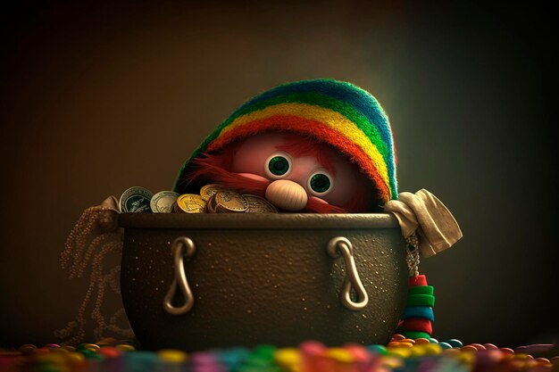 little leprechaun peeks out of the pot with rainbow coins saint patricks day concept