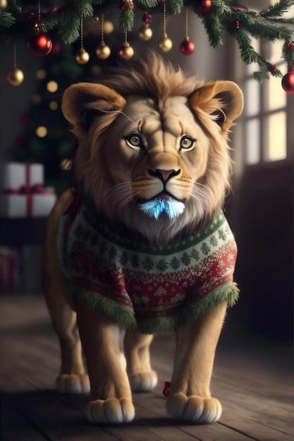 Little lion in christmas pullover Generative AI