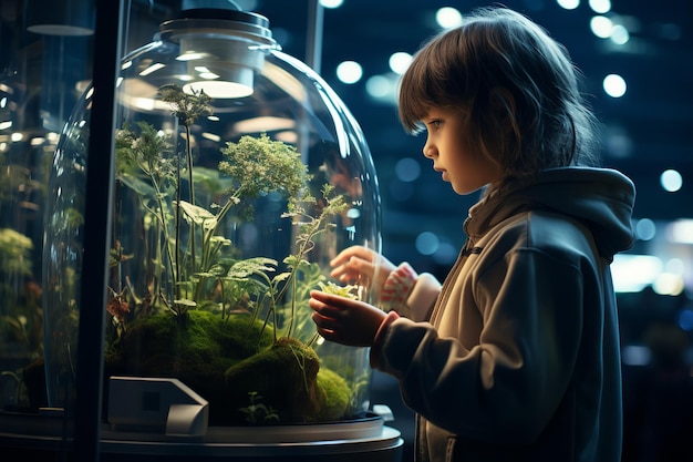 Маленький мальчик с длинными волосами с интересом смотрит на небольшие саженцы растений, растущие в стеклянной искусственной экосистеме ночного города