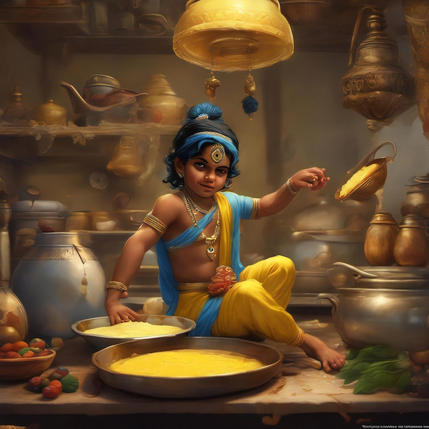 Foto il piccolo signore krishna mangia makhan krishna mangia cibo bianco