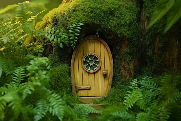 Little magic wooden fairy doors and plants leave on a mossy natural green background